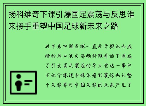 扬科维奇下课引爆国足震荡与反思谁来接手重塑中国足球新未来之路
