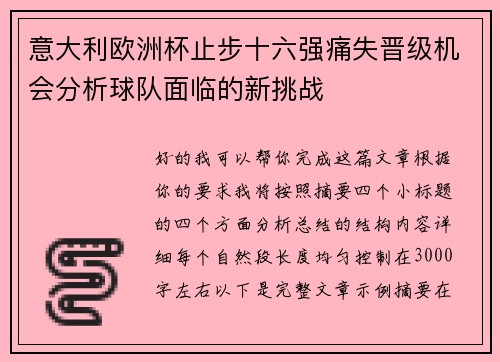 意大利欧洲杯止步十六强痛失晋级机会分析球队面临的新挑战
