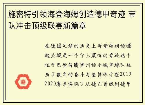 施密特引领海登海姆创造德甲奇迹 带队冲击顶级联赛新篇章
