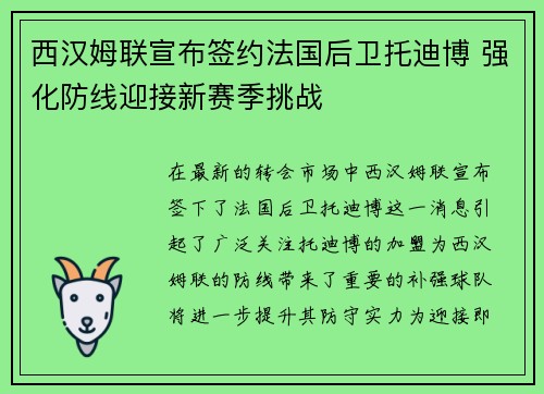 西汉姆联宣布签约法国后卫托迪博 强化防线迎接新赛季挑战