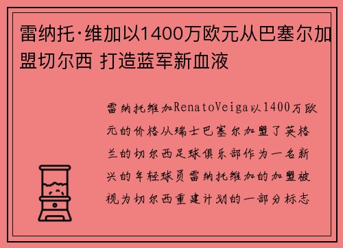 雷纳托·维加以1400万欧元从巴塞尔加盟切尔西 打造蓝军新血液